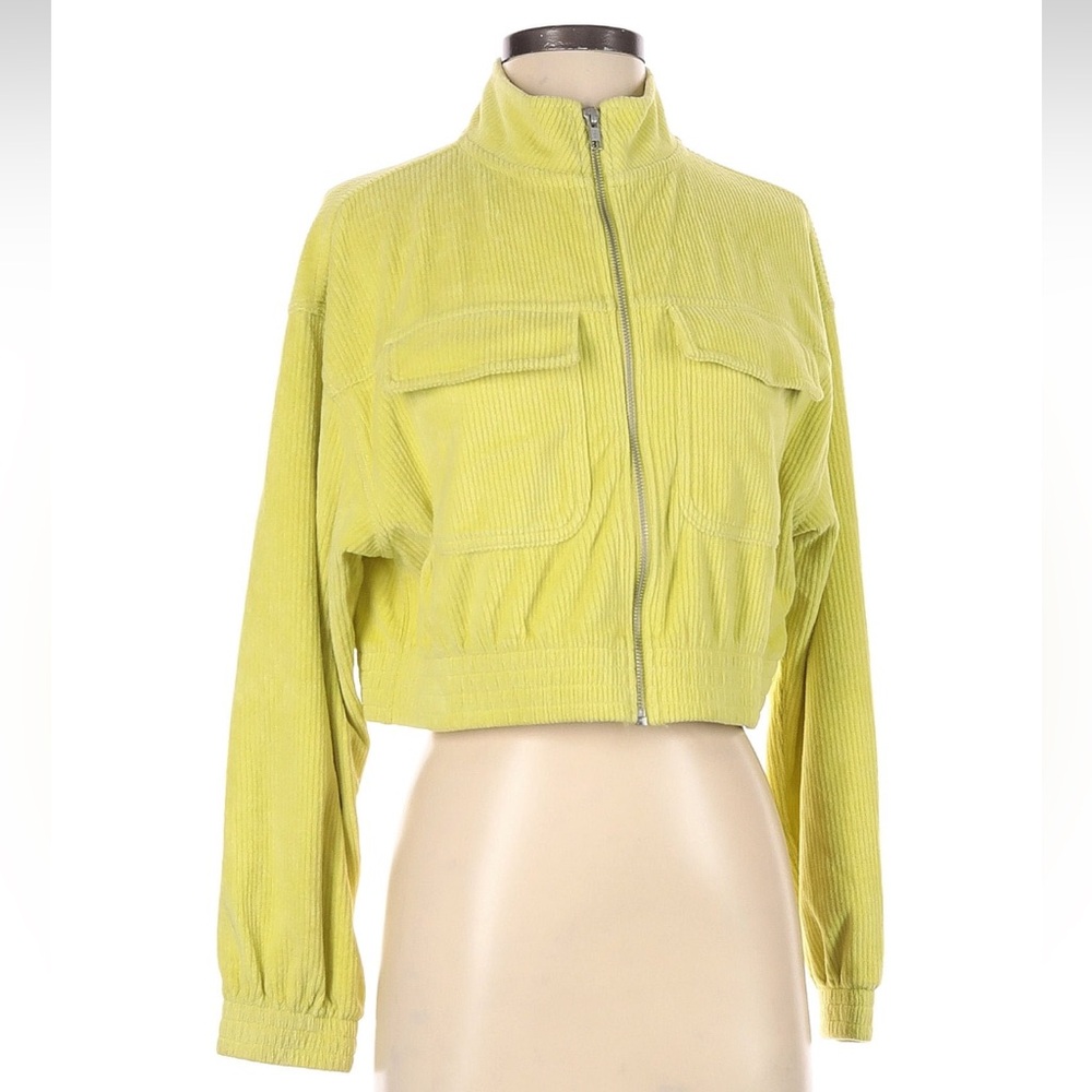Cropped Corduroy Zip-Up Jacket - lime